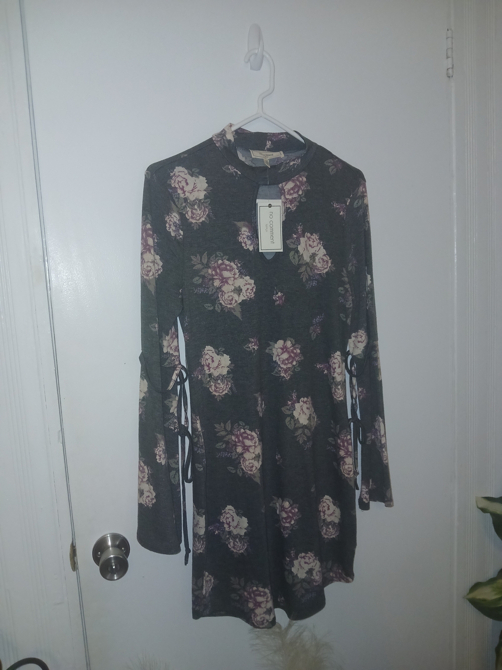 Floral Long-Sleeve Tie-Sleeve Dress - Charcoal and Purple